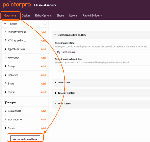 Getting started - Import Question-import questions button
