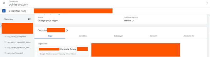 Google tag manager complete survey tag fired