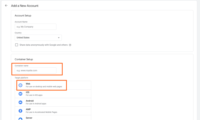 Google tag manager container setup