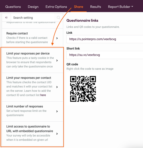 Limit the Responses of Your Questionnaire - share tab