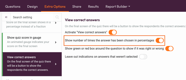 Overview of Quiz Features - toggle off percentage