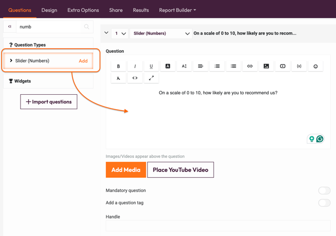 Question types - Number Slider - add a number slider question
