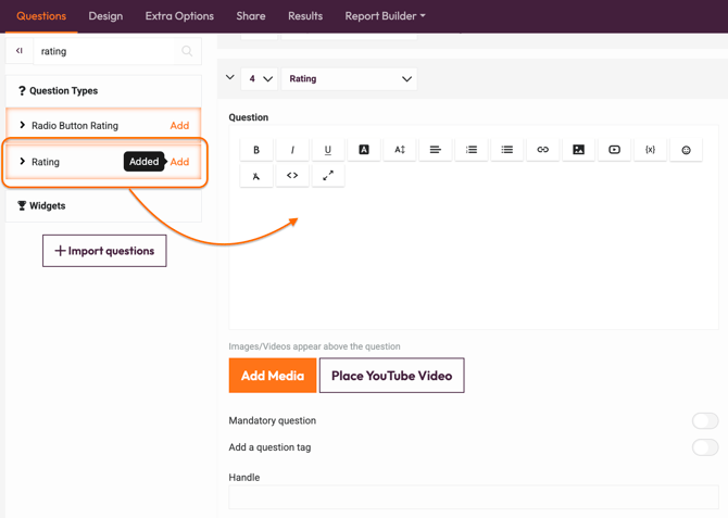 Question types - Rating - add a rating question