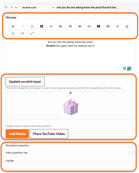 Question types - Scratch Card - edit the message