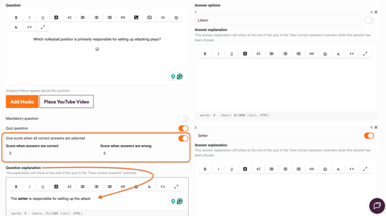 Question types - Text Choice- score when answers are correct + question explanation