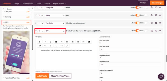 Question types that support custom scoring- nps