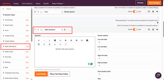 Question types that support custom scoring-number slider