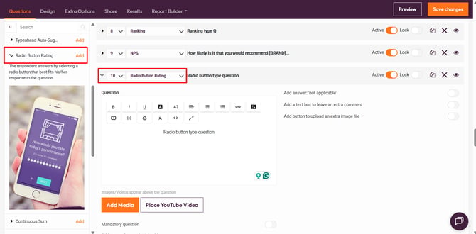 Question types that support custom scoring-radio button rating