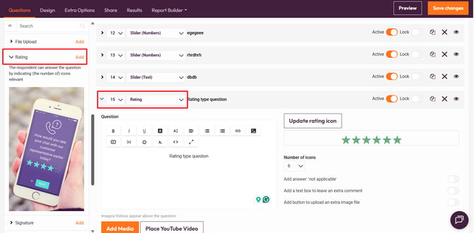 Question types that support custom scoring-rating