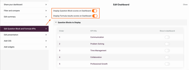 Results dashboard - edit question block and formula KPIs