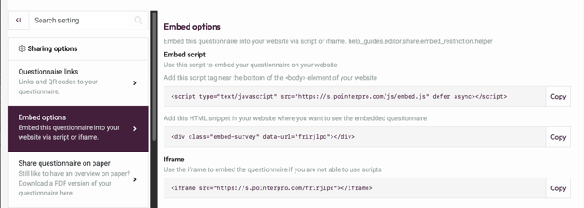 Share Your Questionnaire - embed options
