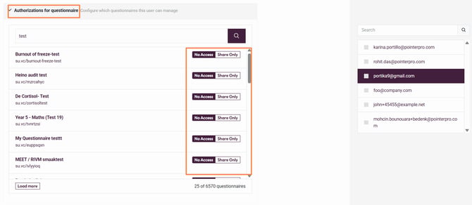 Team Management- authorizations for questionnaires
