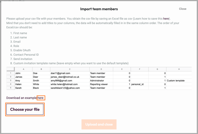 import team members choose file